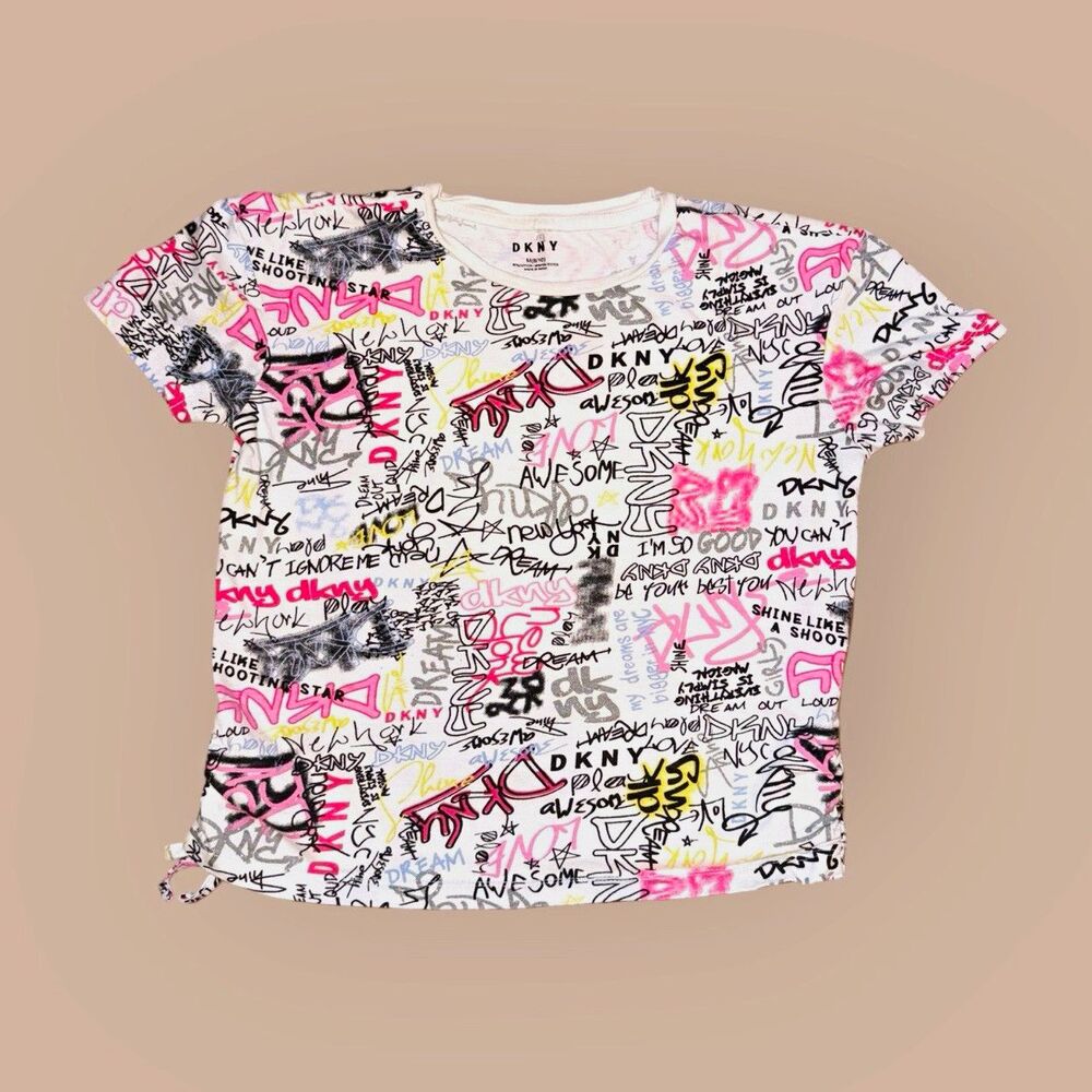 DKNY Girls 8-10 White Logo Graphic Print Crew Neck Short Sleeve T-Shirt